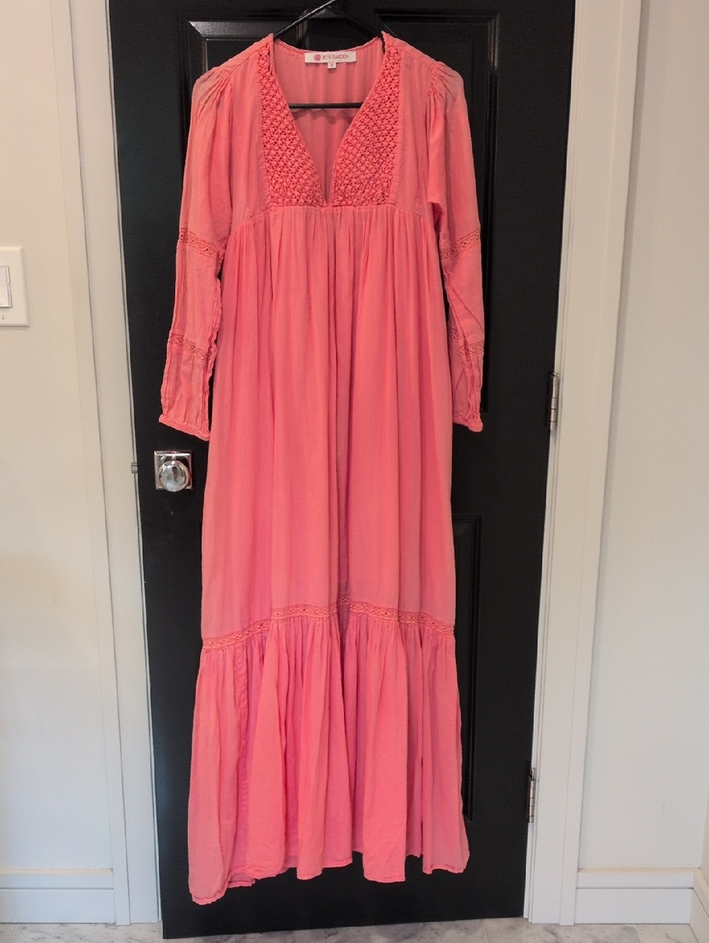 Flawed Ro's Garden Coral Pink Maxi Dress with Crochet Detail